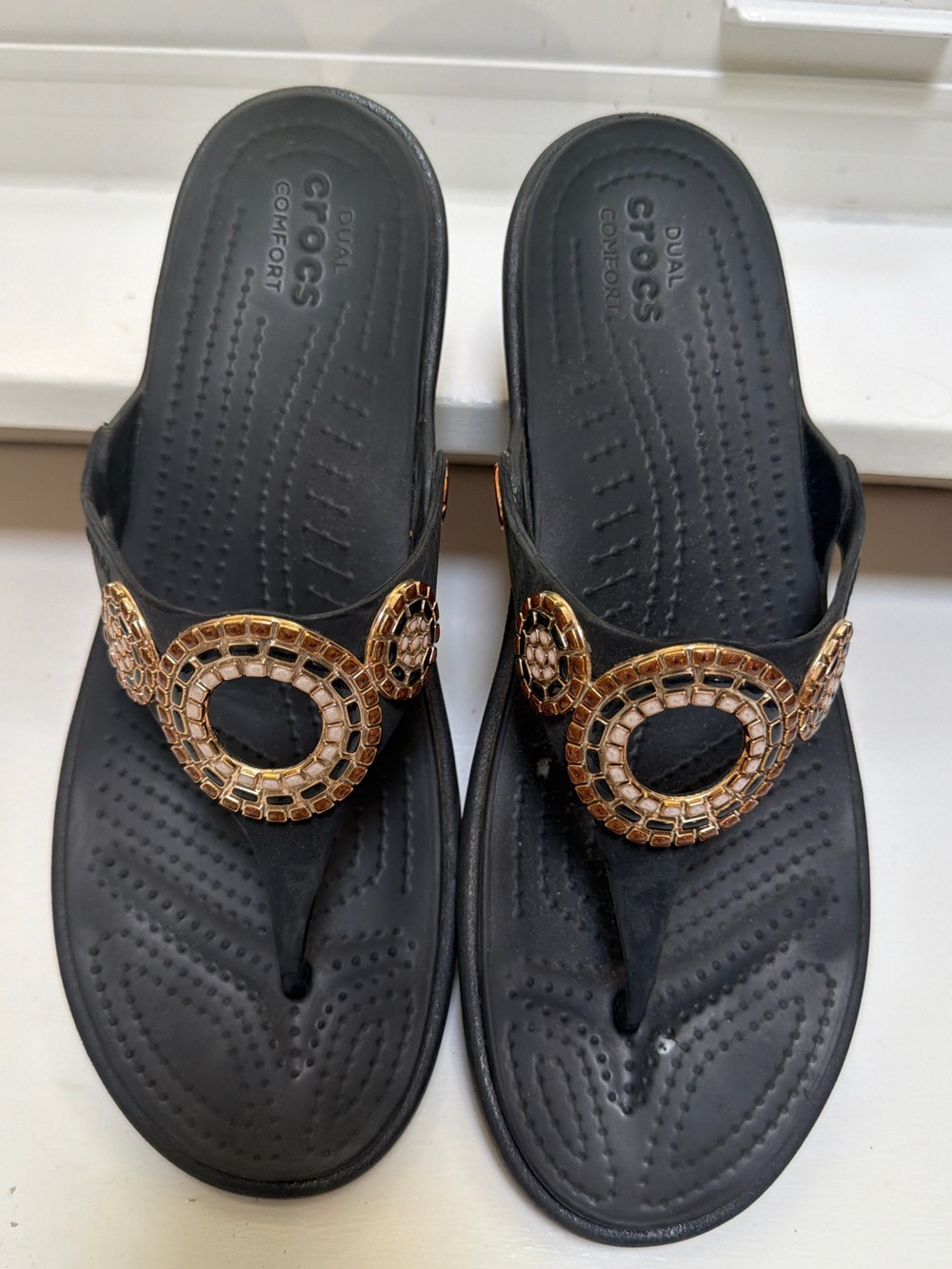 CROCS Black Sandals with Gold Jeweled Circles